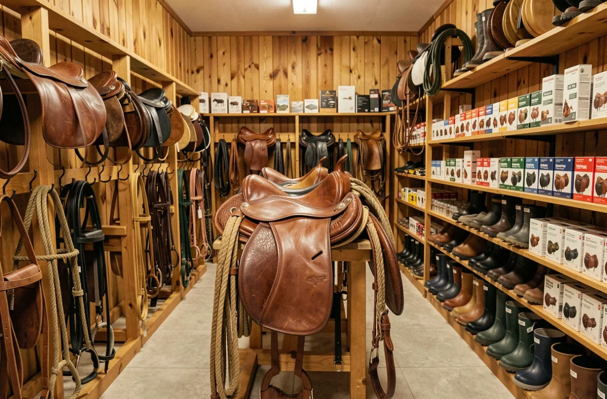 Intérieur d'un magasin western équestre en France avec selles en cuir, brides et équipements professionnels pour clubs équestres