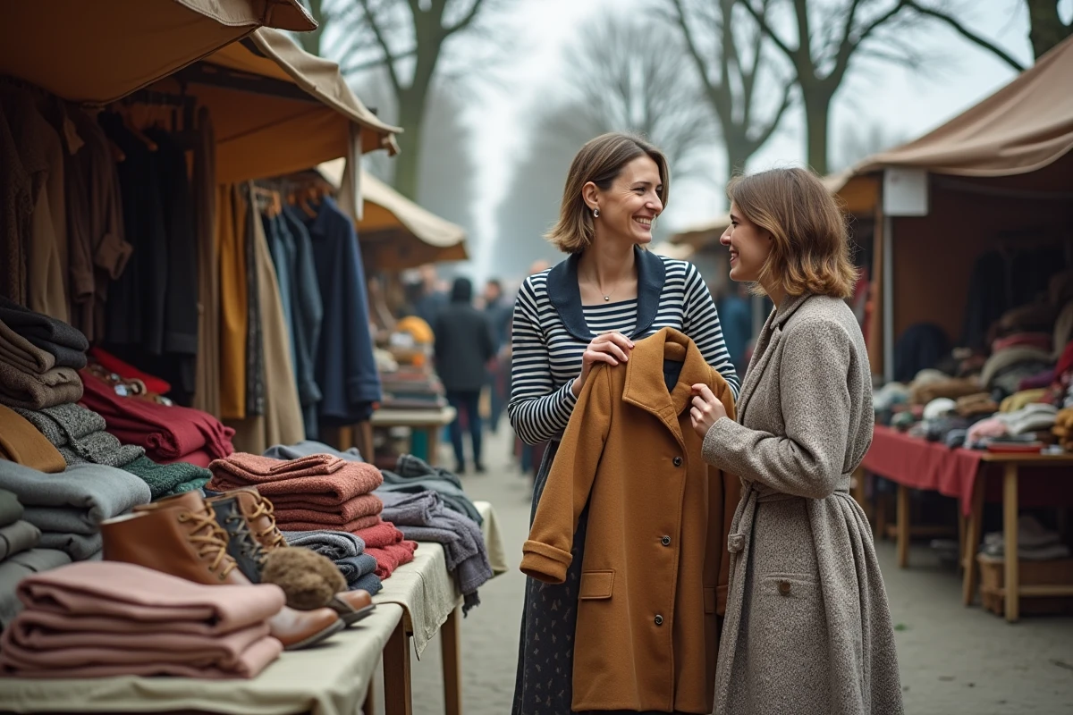 Stand de marché aux puces parisien avec des vêtements et accessoires vintage, une vendeuse et une cliente examinant un manteau en laine camel