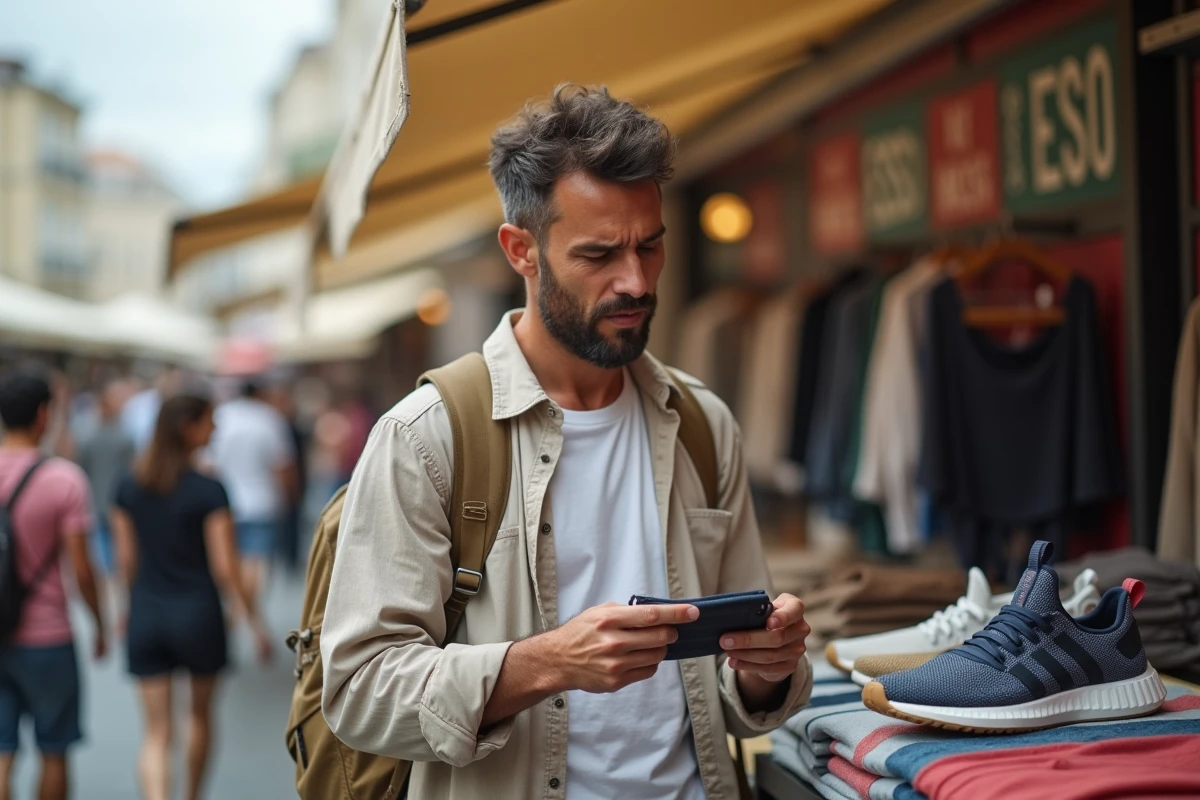 Homme inspectant le prix de baskets dans un marché outlet en plein air à Marseille, entouré d'articles soldés