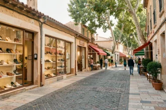 Rue commerçante en Occitanie avec des boutiques de chaussures aux vitrines colorées sur des pavés typiques du sud de la France