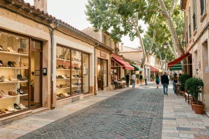 Rue commerçante en Occitanie avec des boutiques de chaussures aux vitrines colorées sur des pavés typiques du sud de la France
