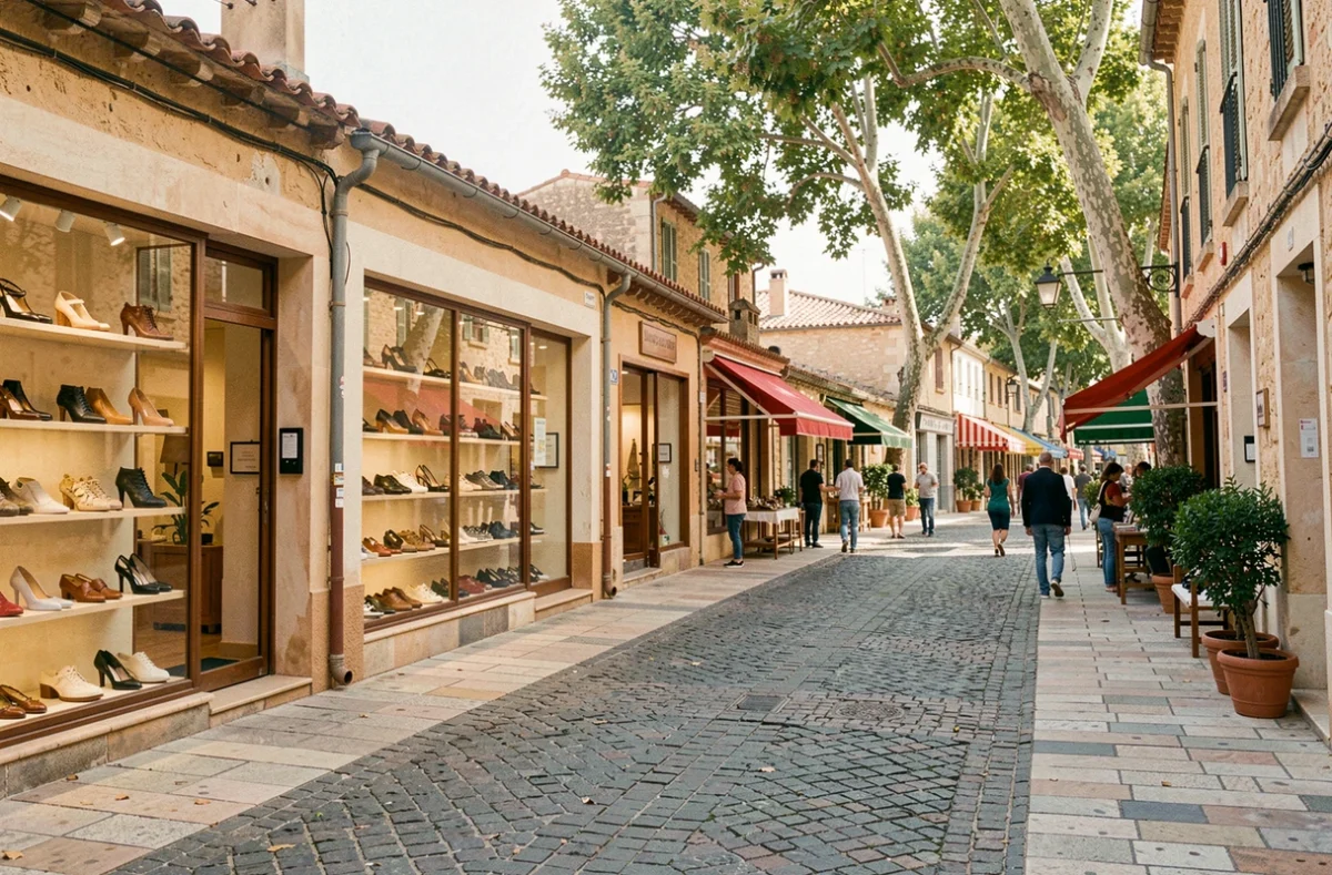 Rue commerçante en Occitanie avec des boutiques de chaussures aux vitrines colorées sur des pavés typiques du sud de la France