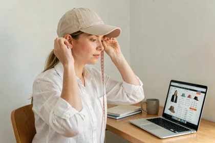 Femme mesurant son tour de tête avec un mètre ruban pour choisir la bonne taille de casquette en ligne