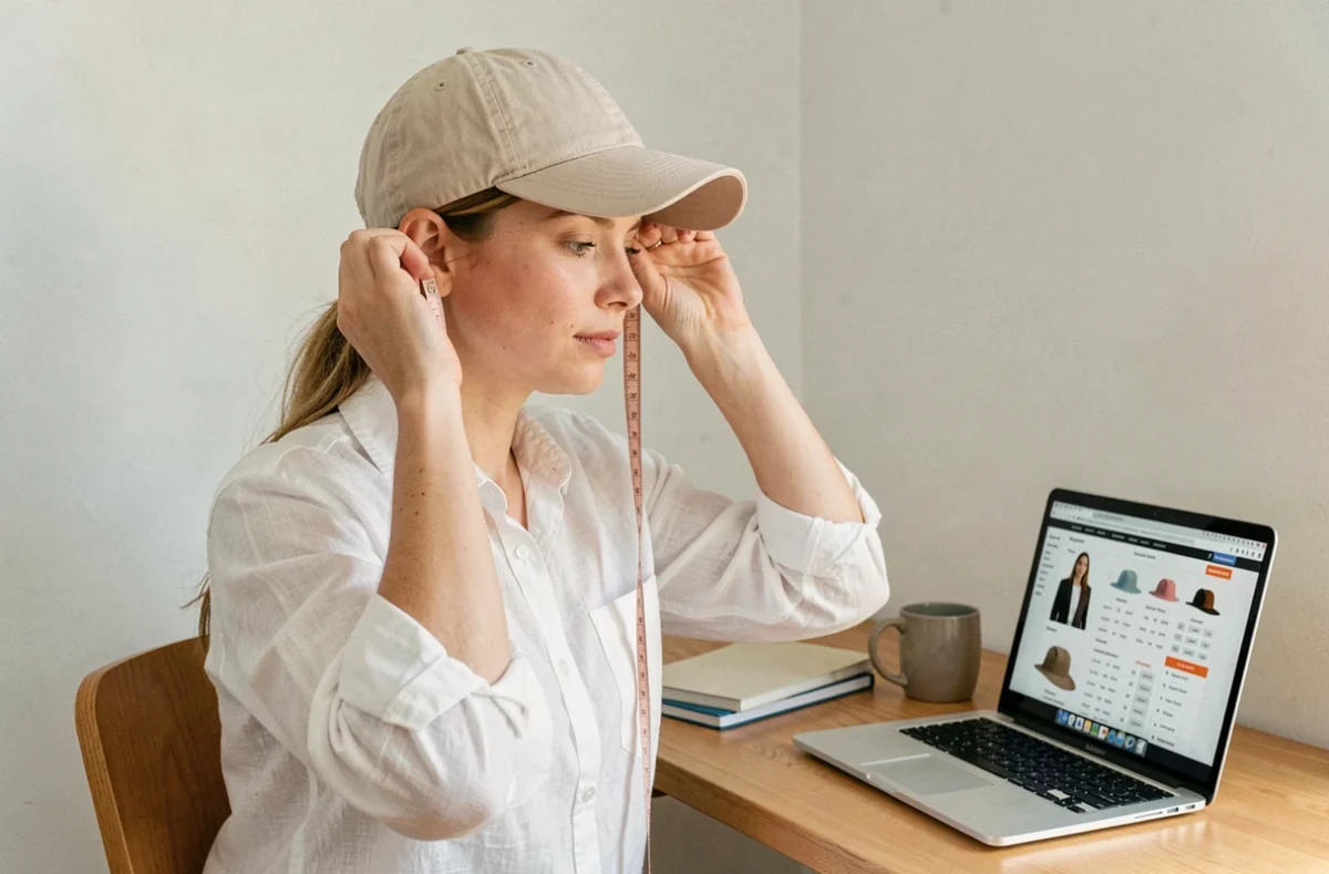 Femme mesurant son tour de tête avec un mètre ruban pour choisir la bonne taille de casquette en ligne