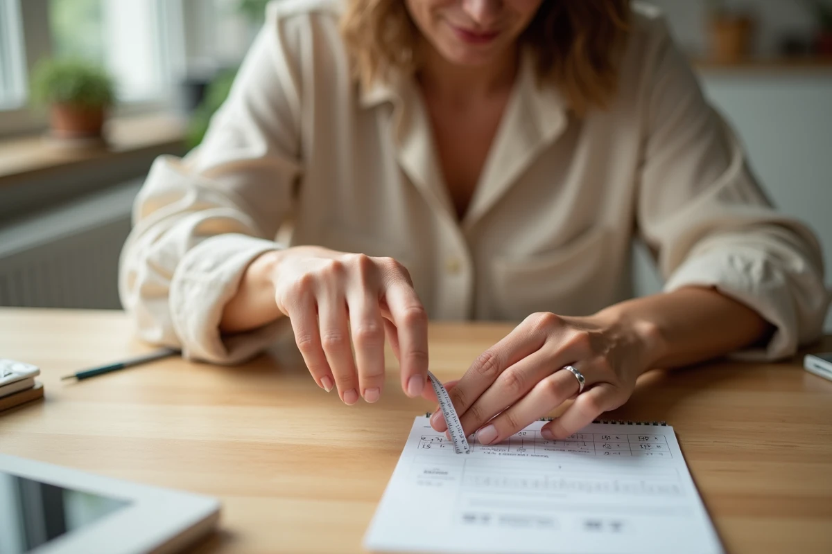 Femme mesurant son tour de doigt avec une bandelette de papier sur un bureau en bois