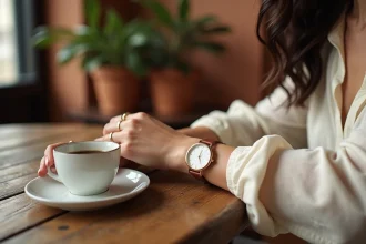 Montre double bracelet cuir femme cognac et rose sur fond de café parisien
