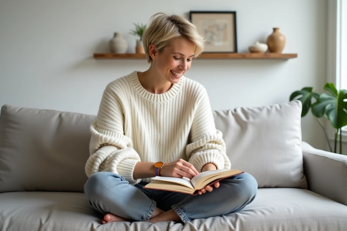 Femme en pull beige avec une montre double bracelet cuir caramel et lavande dans un intérieur scandinave