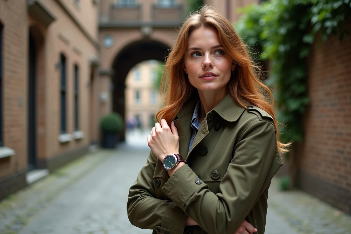 Femme portant une montre originale double bracelet cuir vert et marron dans une cour pavée