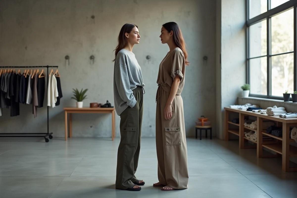 Comparaison de deux tenues pour morphologie trapèze dans un studio de mode, illustrant les erreurs vestimentaires à éviter et les bons choix pour équilibrer la silhouette