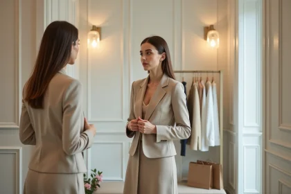 Femme à morphologie trapèze essayant une tenue structurée dans une cabine de boutique, évaluant son look dans un miroir en pied