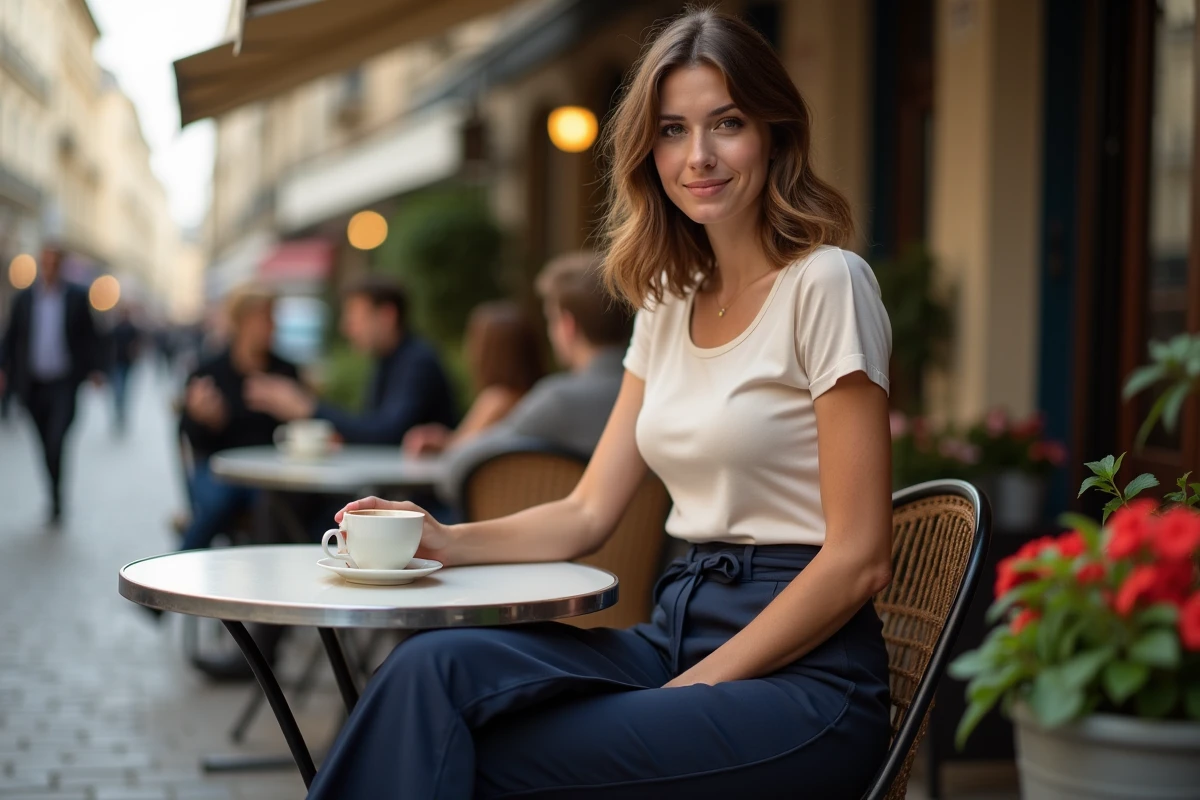 Femme avec morphologie trapèze en tenue équilibrée assise en terrasse de café parisien, illustrant les choix vestimentaires pour cette silhouette