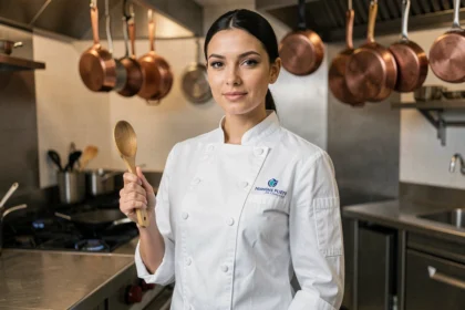 Cheffe cuisinière professionnelle en veste blanche dans une cuisine de restaurant moderne, posant avec assurance