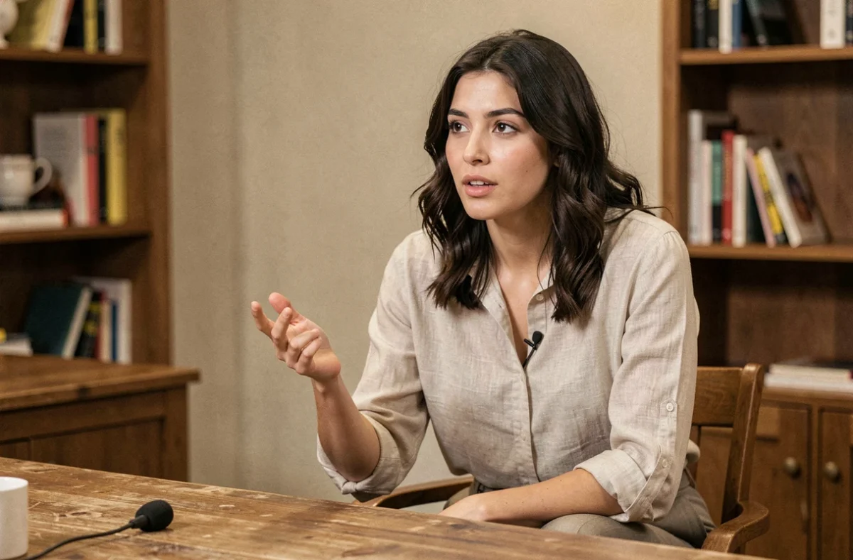 Jeune femme cheffe en interview culinaire assise à une table en bois avec une expression expressive et engagée