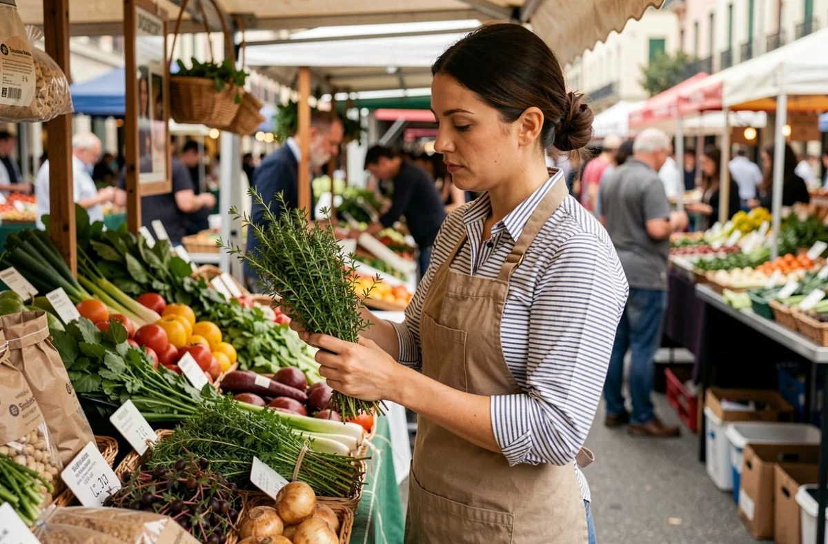 Cheffe professionnelle inspectant des produits frais sur un marché alimentaire extérieur animé