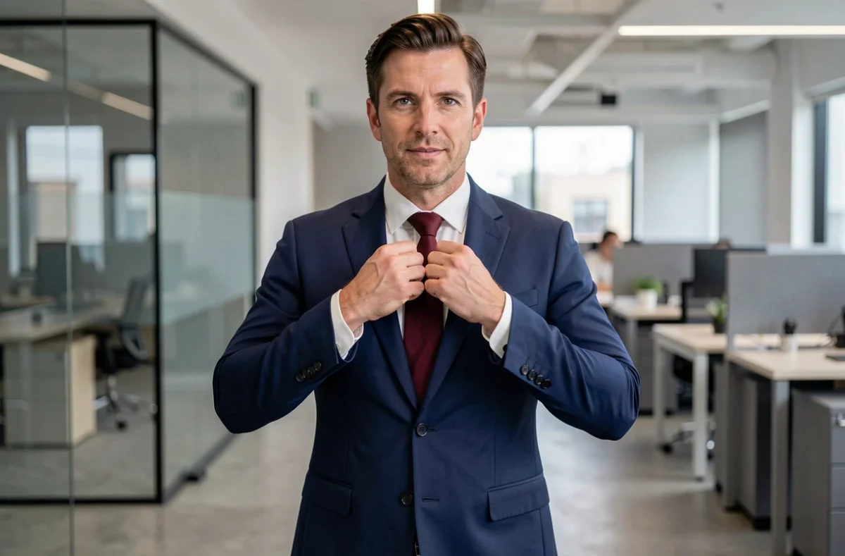 Homme en costume marine ajustant son nœud de cravate double Windsor dans un lobby de bureau avant un entretien professionnel