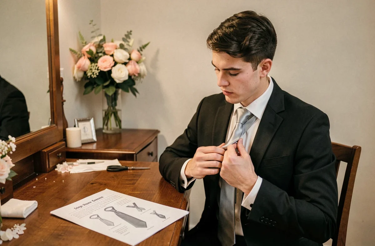 Jeune homme en costume de mariage suivant un guide illustré pour faire un nœud de cravate double Windsor