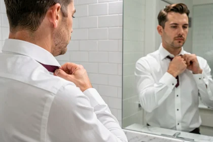 Homme en chemise blanche nouant une cravate bordeaux en double Windsor devant un miroir de salle de bain