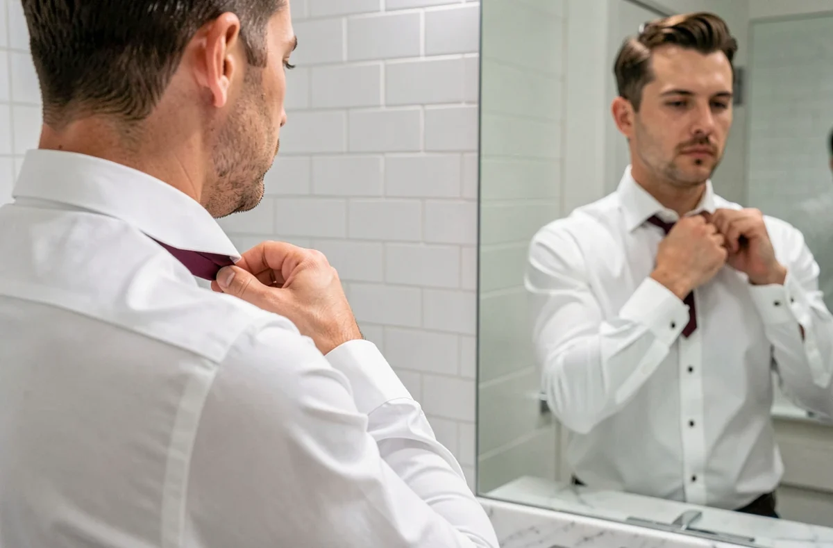 Homme en chemise blanche nouant une cravate bordeaux en double Windsor devant un miroir de salle de bain