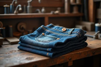 Paire de jeans en denim brut vintage posée sur un établi en bois dans un atelier textile américain, entourée de rivets en cuivre et de fils indigo, illustrant l'histoire et l'origine du jeans