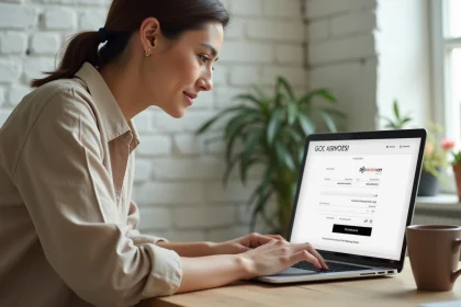 Femme effectuant un paiement sécurisé sur un site e-commerce de mode depuis son bureau à domicile