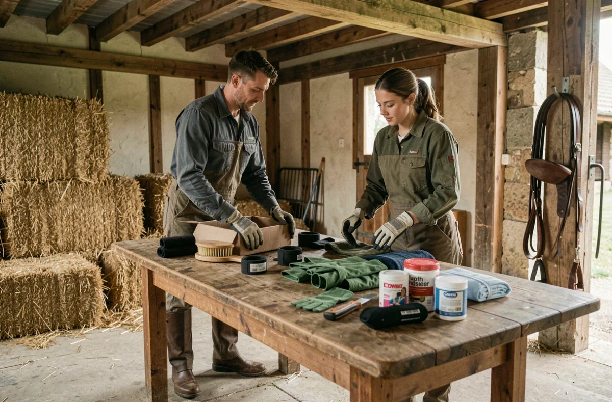 Deux palefreniers déballant des équipements professionnels pour chevaux dans une écurie d'un centre équestre de l'ouest de la France