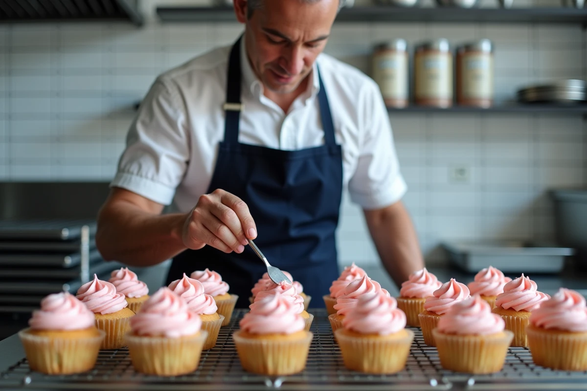 Pâtissier appliquant un glaçage à la crème au beurre rose sur des cupcakes dans une boulangerie professionnelle avec des produits Tess Goods
