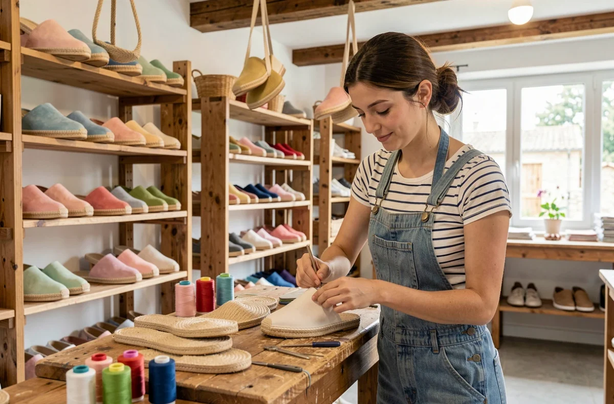 Artisane de Payote Espadrilles cousant à la main une espadrille en toile dans un atelier-boutique lumineux avec des espadrilles colorées exposées autour d'elle