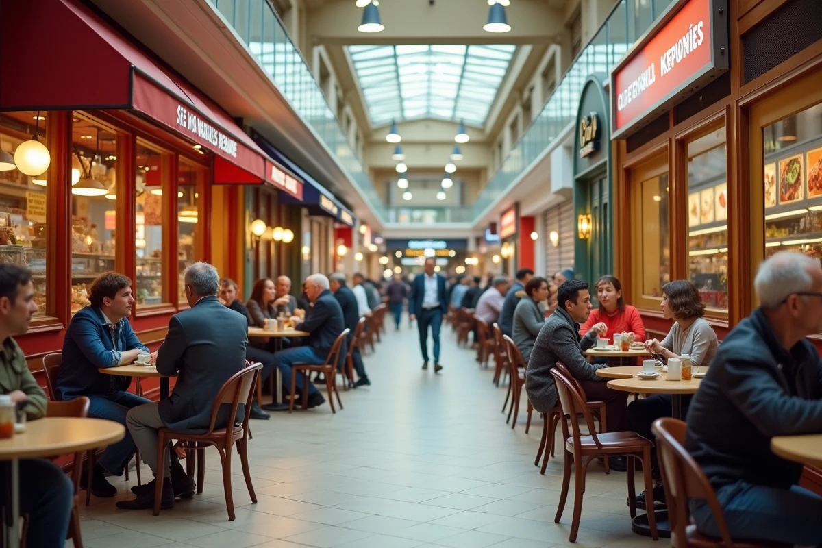 Espace restauration de la galerie marchande de Noyelles-Godault avec plusieurs enseignes de restaurants et des clients attablés pour déjeuner