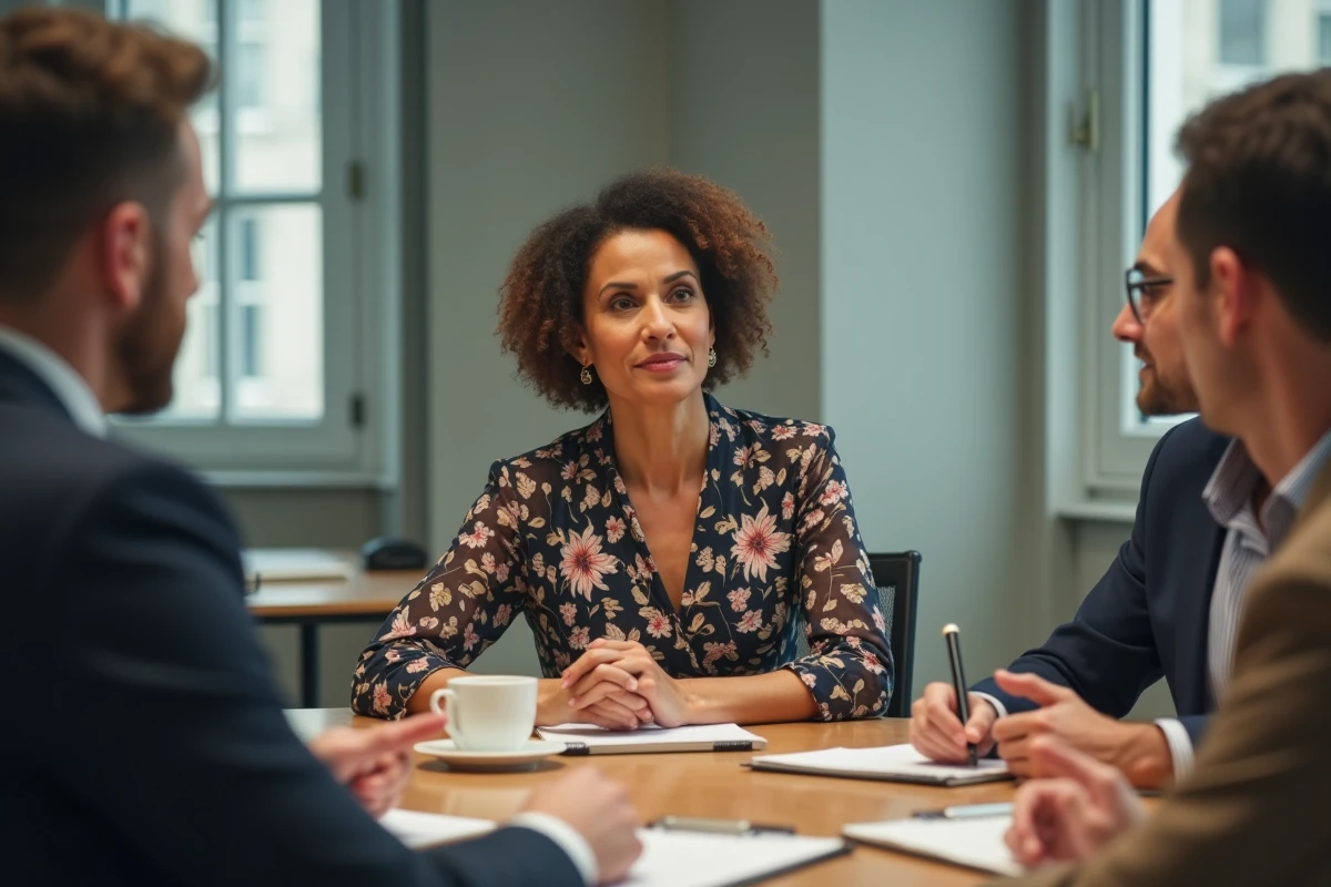 Femme en robe florale participe à une réunion de travail