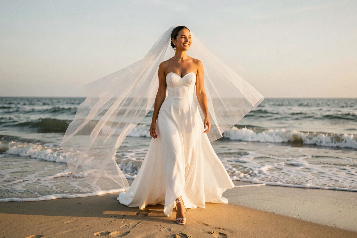 Femme en robe bustier longue blanche avec voile en tulle marchant sur la plage, accessoires de mariée, ambiance bord de mer naturelle