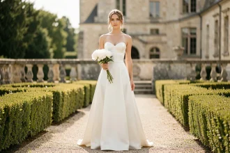 Femme en robe bustier longue blanche dans un jardin de château français, tenant un bouquet de pivoines blanches, look mariée élégant
