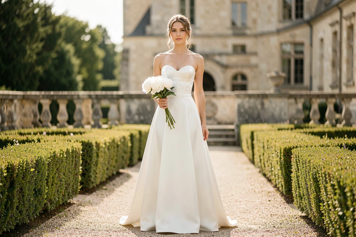 Femme en robe bustier longue blanche dans un jardin de château français, tenant un bouquet de pivoines blanches, look mariée élégant