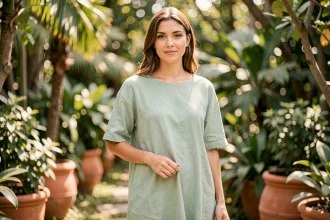 Femme portant une robe en coton vert sauge ample dans un jardin botanique, idéale pour les peaux sensibles