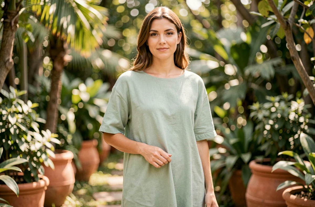 Femme portant une robe en coton vert sauge ample dans un jardin botanique, idéale pour les peaux sensibles