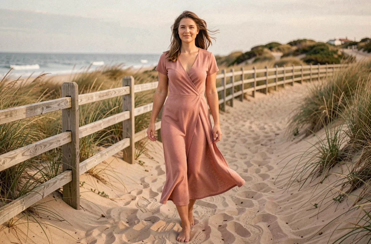 Femme en robe portefeuille en coton rose poudré marchant pieds nus sur un chemin côtier naturel