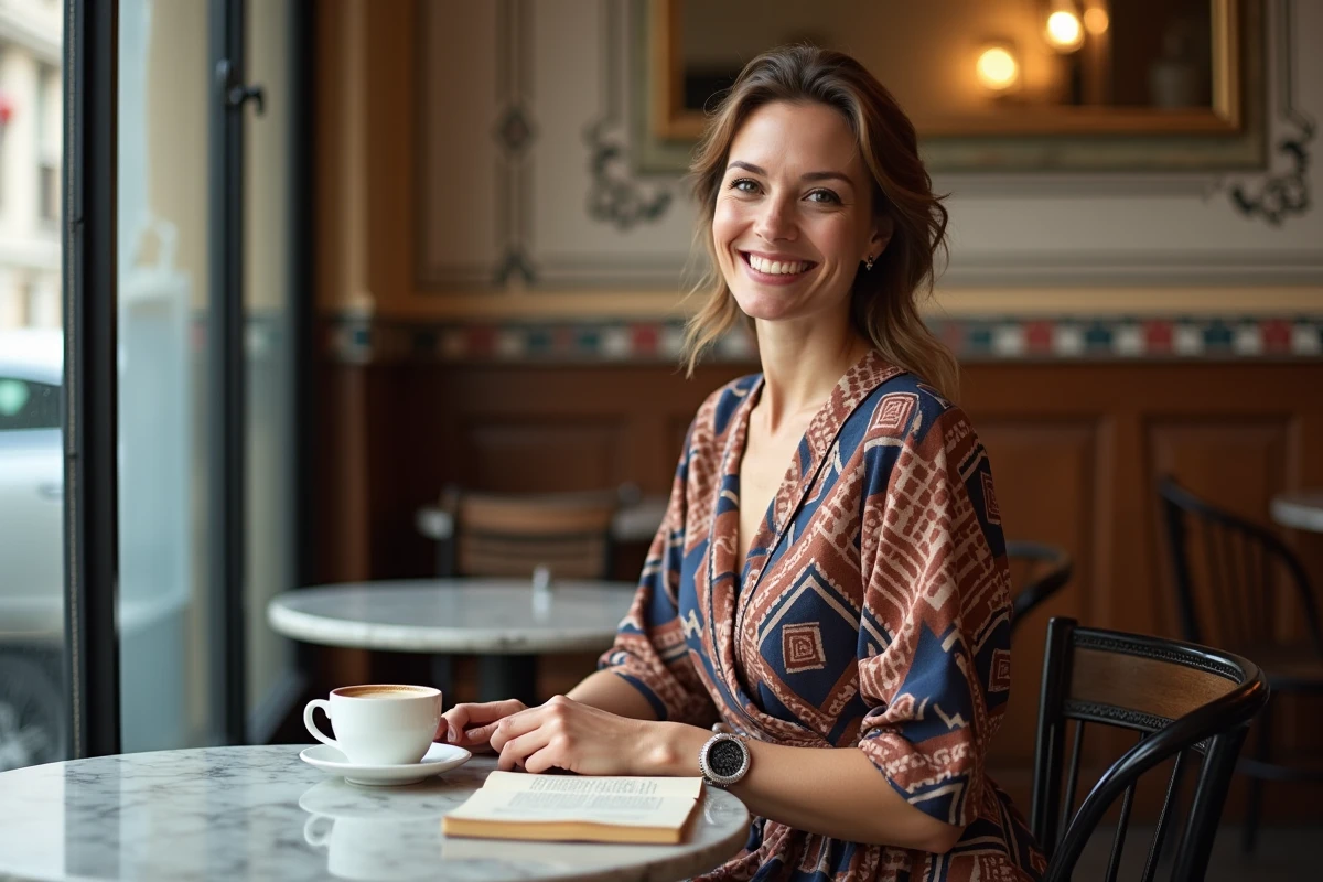 Femme en robe portefeuille à imprimés géométriques SINEQUANONE dans un café parisien