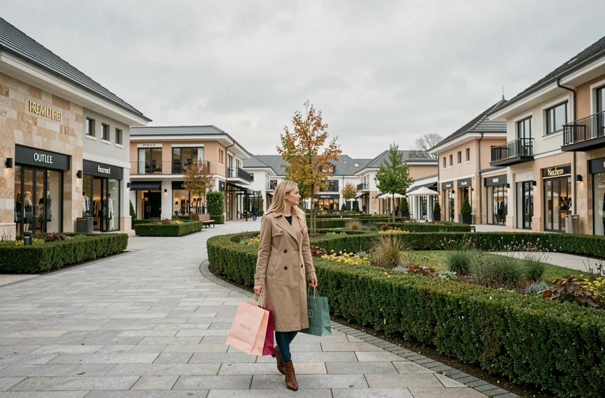 Femme faisant du shopping avec des sacs de marque dans le village outlet de Roppenheim dans le Bas-Rhin