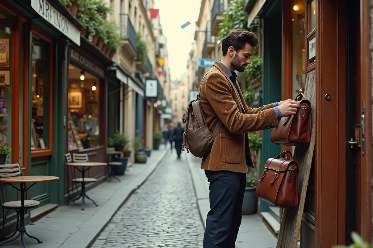 Rue pavée du Marais à Paris avec des devantures de friperies et boutiques vintage, un homme examinant un sac en cuir sur un portant extérieur