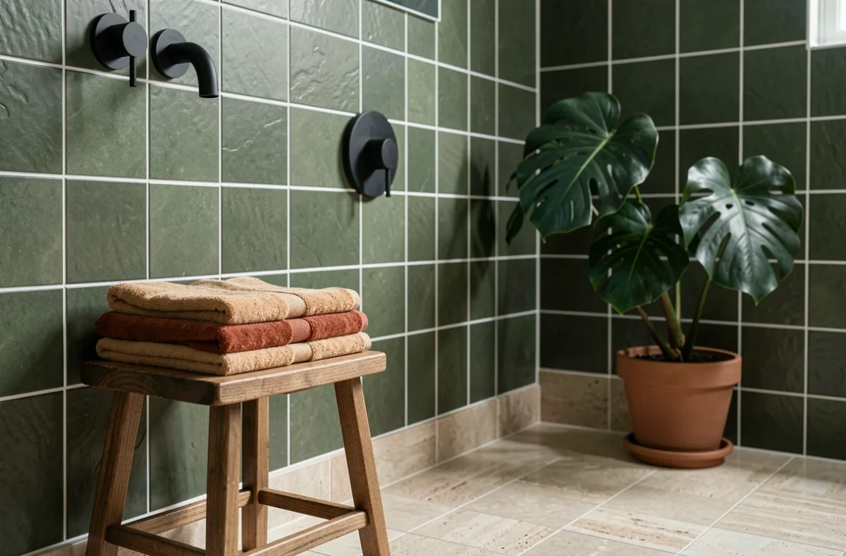 Salle de bain avec carrelage vert kaki associé à du travertin crème et des accessoires noirs mats pour une palette intérieure élégante