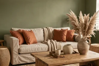 Salon avec murs vert kaki associés à des coussins terracotta et un canapé en lin naturel pour une palette harmonieuse et chaleureuse