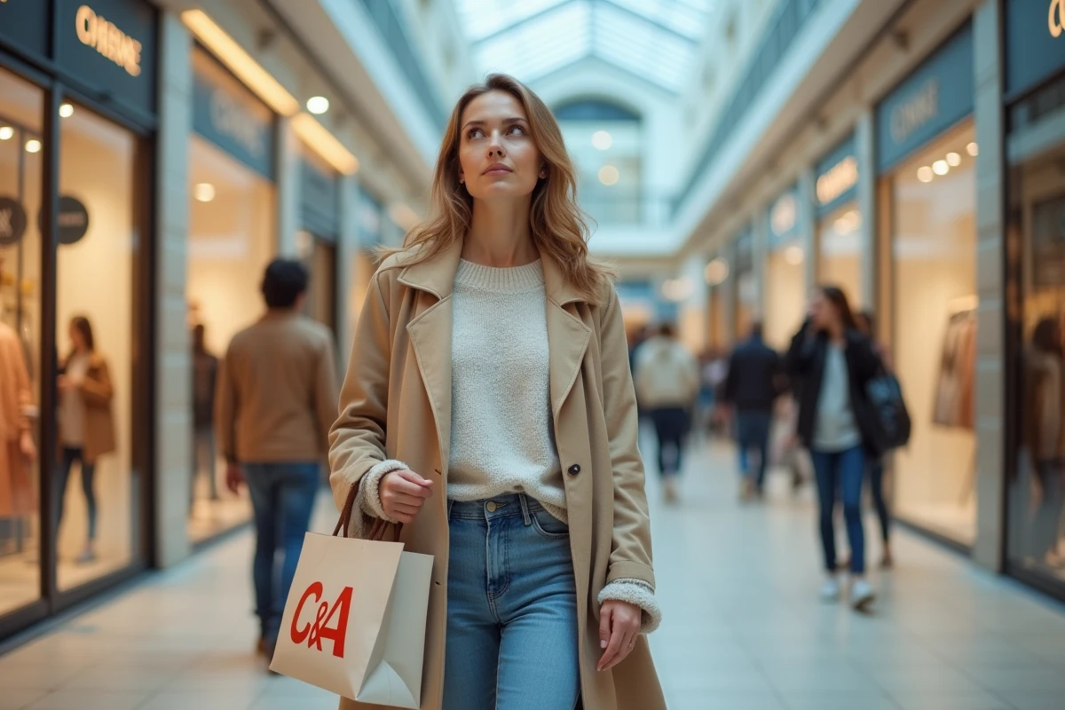Femme faisant du shopping dans la galerie marchande de Noyelles-Godault portant des sacs C&A avec des boutiques en arrière-plan