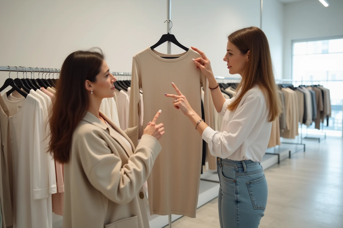 Deux femmes en boutique examinant une robe moulante sans coutures pour éviter les marques de sous-vêtements