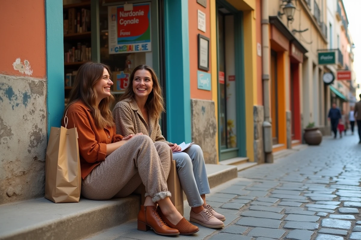 Deux amies riant devant une rue commerçante de Marseille avec des sacs de shopping remplis d'achats à petits prix