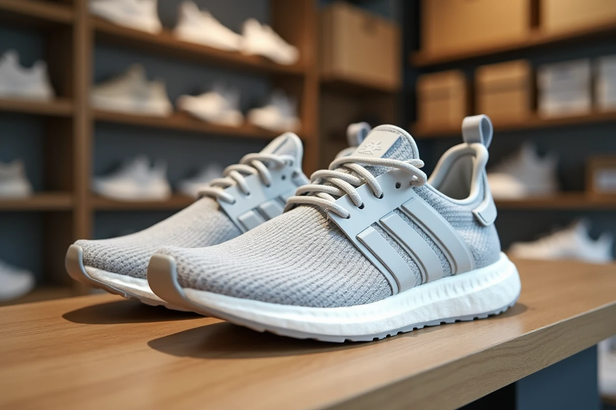 Paire de sneakers en édition limitée exposée en boutique Snatch avec détails réels visibles absents des photos en ligne