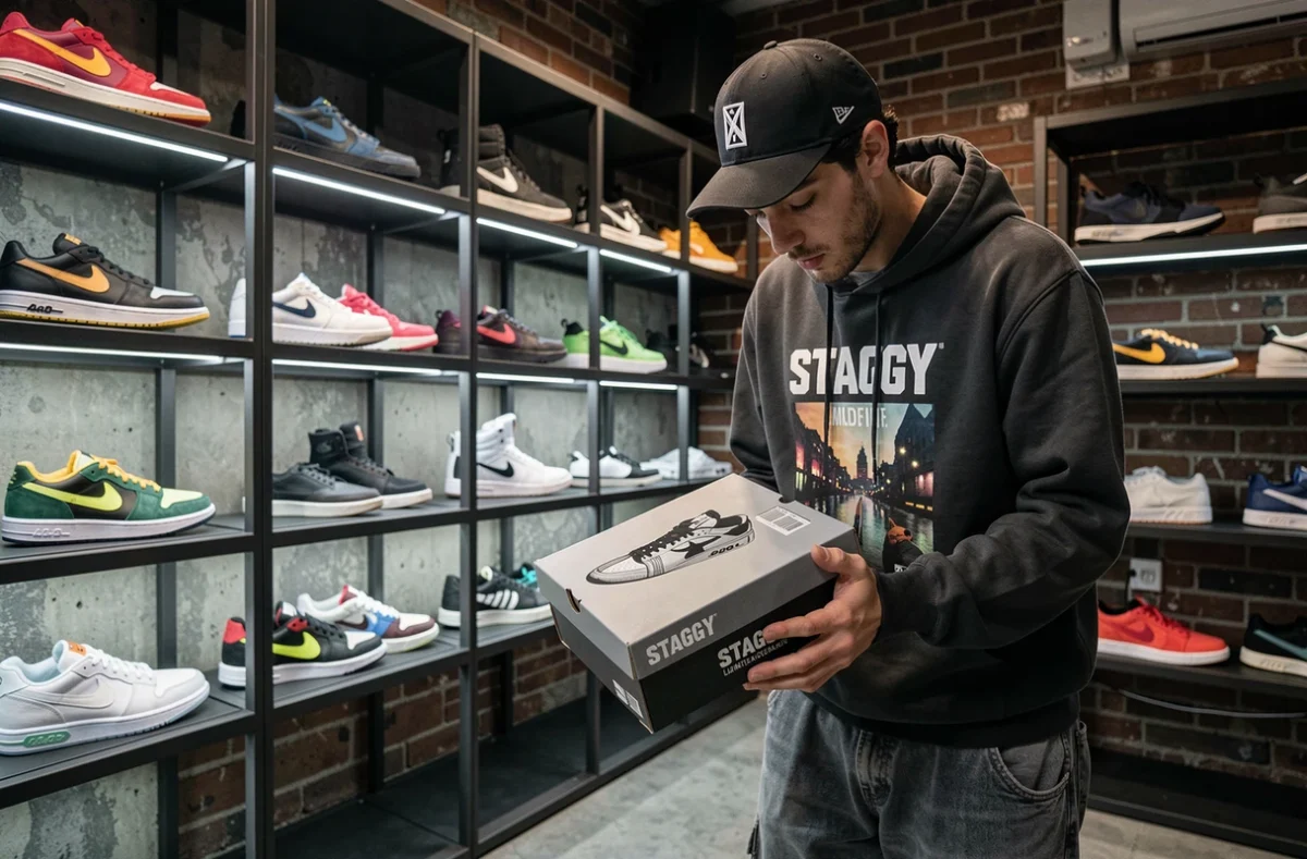 Jeune homme examinant une sneaker en édition limitée dans la boutique streetwear Staggy à Toulouse, entouré de murs en briques apparentes