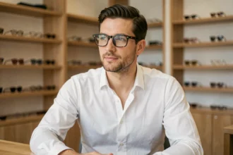 Homme aux lunettes rectangulaires en acétate écaille assis dans une boutique d'optique contemporaine, illustrant le guide des styles de lunettes de vue pour homme selon la morphologie du visage