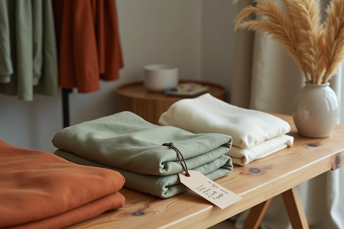 Table de présentation en bois dans une boutique de mode atypique avec vêtements pliés en couleurs naturelles, vase en céramique et étiquettes manuscrites — esthétique artisanale