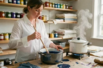 Femme teignant du tissu polyester avec de la teinture bleue dans un atelier de couture artisanal à domicile