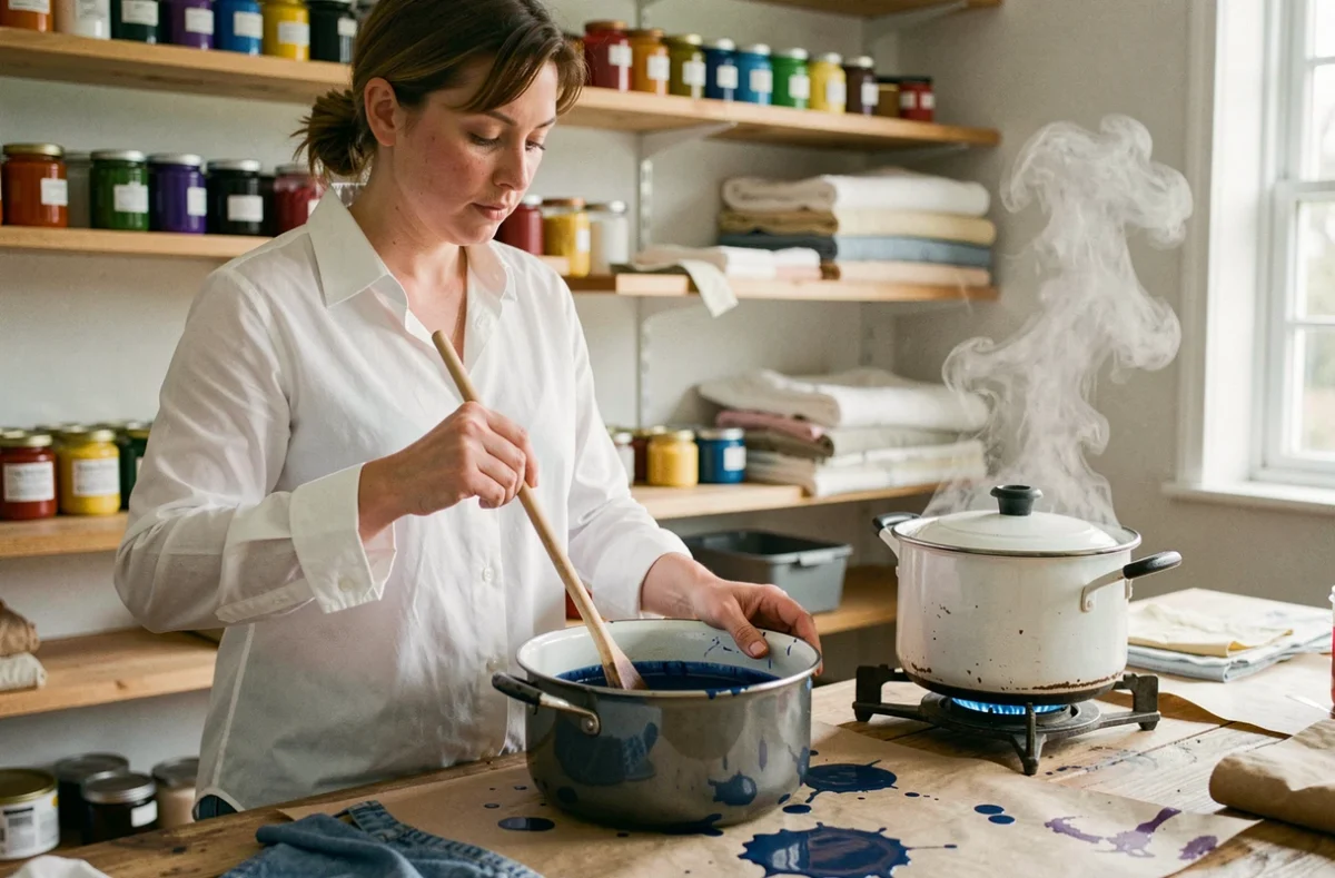 Femme teignant du tissu polyester avec de la teinture bleue dans un atelier de couture artisanal à domicile