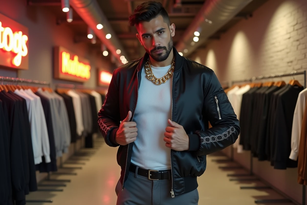 Homme style rap américain 2026 en bomber satiné noir et chaîne dorée dans une boutique urbaine contemporaine